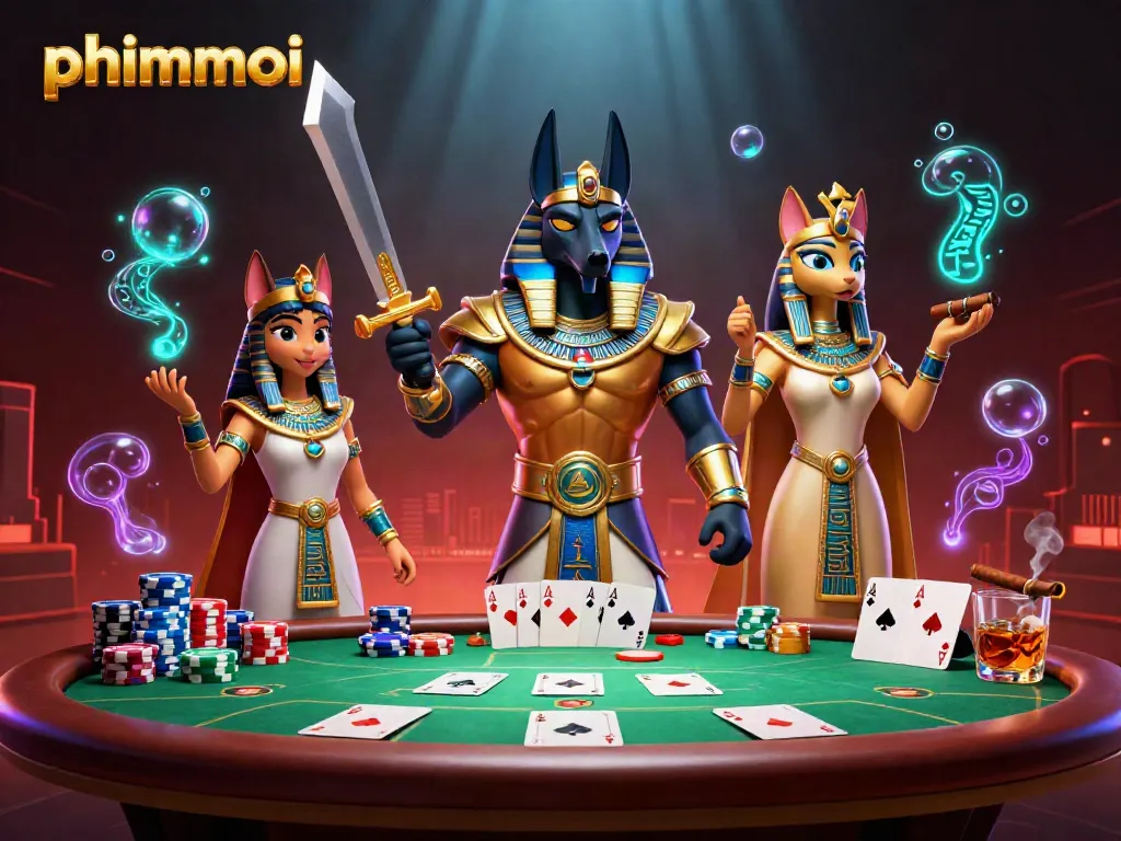 Engage in thrilling gambling excitement with phimmoi* featuring Anubis and Bastet at a poker table.