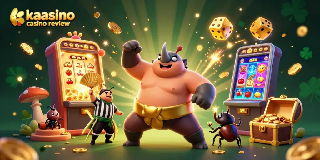 Kaasino casino review featuring an immersive 3D scene with a beetle champion and slot machine lottery elements.