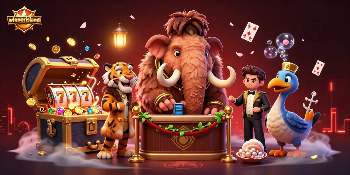 Join the winnerisland adventure with a vibrant casino-themed illustration featuring unique characters.