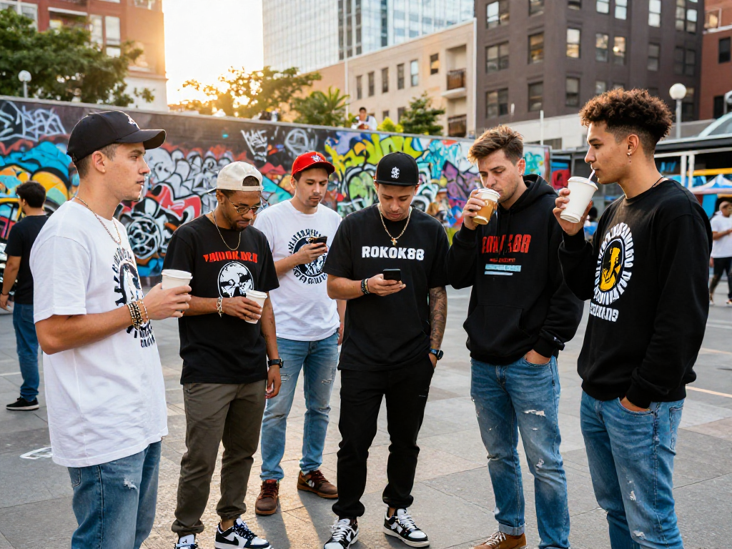 Youthful group in exclusive ROKOK88 apparel highlighting rokok88 login in an urban lifestyle.