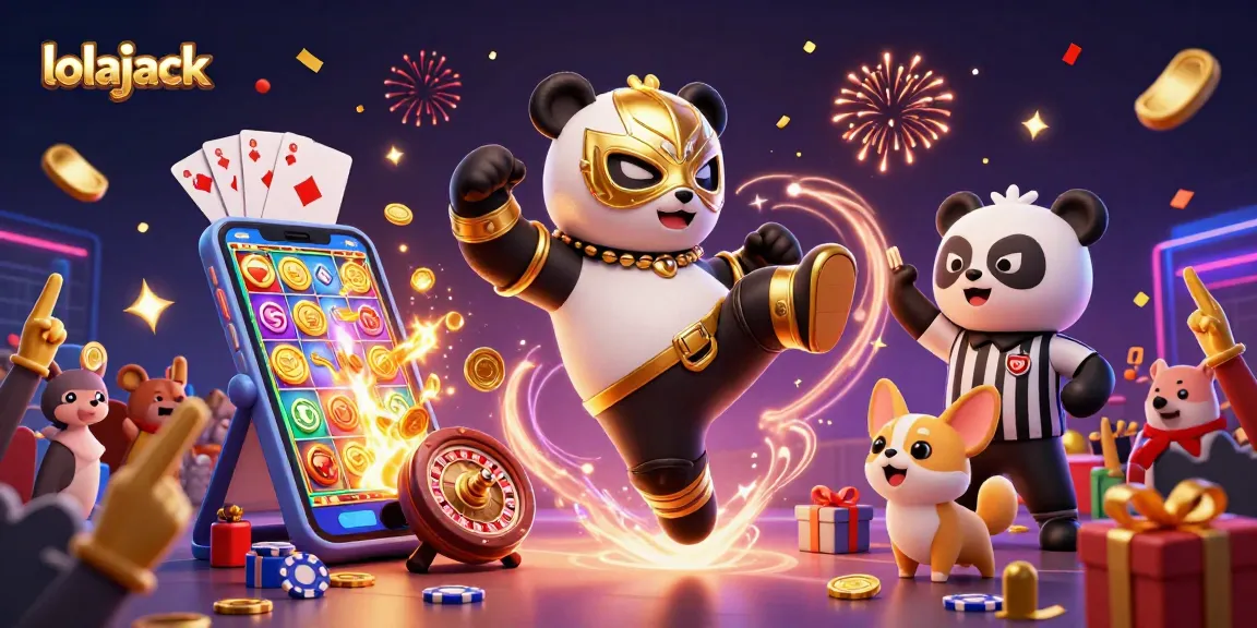 Experience thrilling action at lolajack Casino with a dynamic scene featuring a wrestling panda and casino elements.