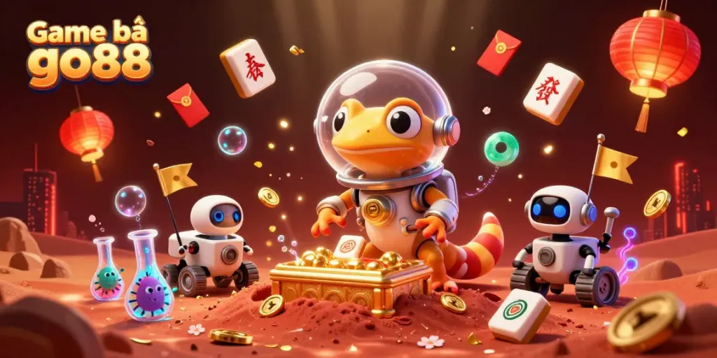 Engage with Game bài go88 through a vibrant casino scene with Martian characters and festive elements.