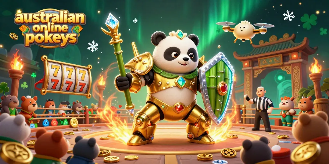 Play exciting australian online pokies amidst a lively arena scene with dynamic elements and colorful visuals.