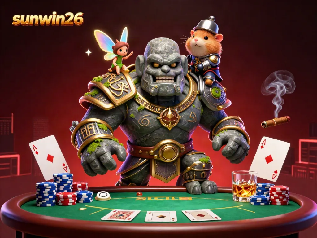 Engage with sunwin26’s thrilling poker scene featuring a golem, fairy, and hamster knight.