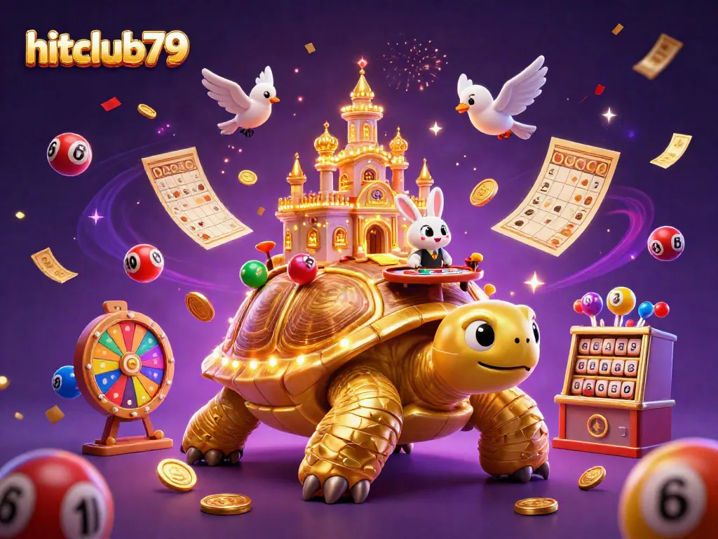 Experience the thrilling world of hitclub79 at a vibrant casino scene featuring a golden tortoise and rabbit dealer.