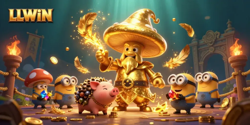Experience LLWIN's magical gaming realm with a golden mushroom wizard and treasures.