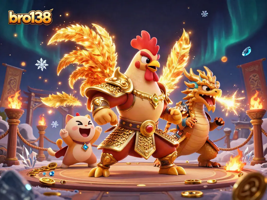 Enter the exciting world of bro138 with a vibrant scene of a roaring battle featuring colorful casino-themed characters.