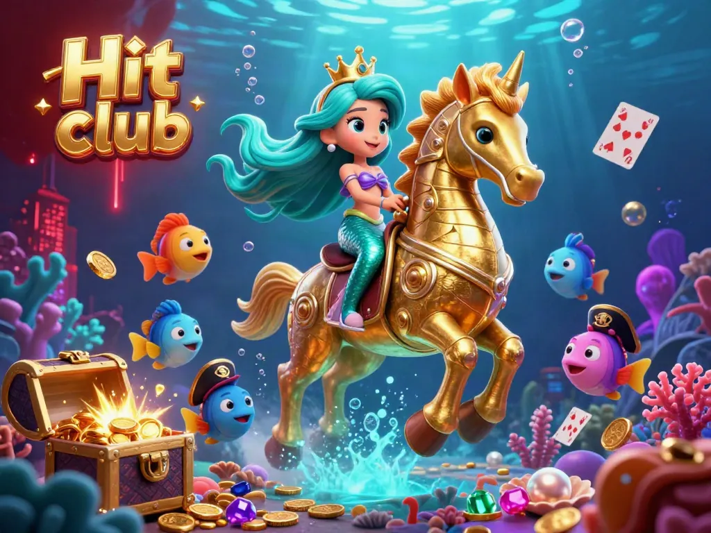Experience the Hit club adventure with a vibrant casino-themed underwater scene featuring colorful mermaid and vibrant treasures.