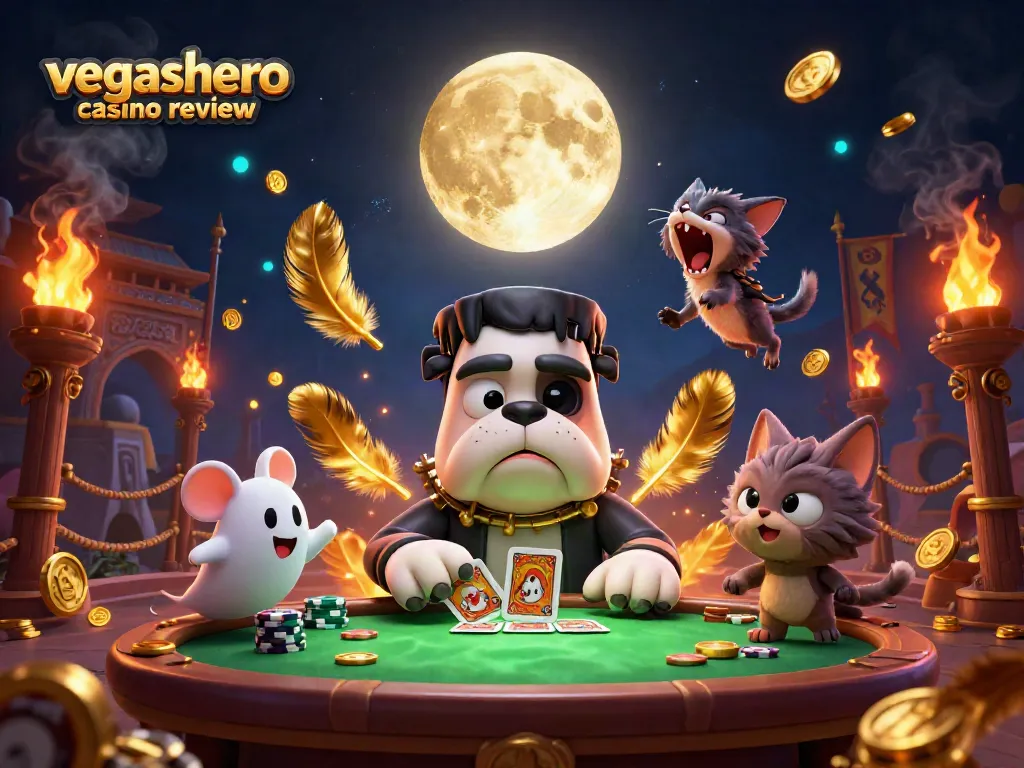 Engage with the exciting vegashero casino review as cartoon characters deal cards at a lively casino.