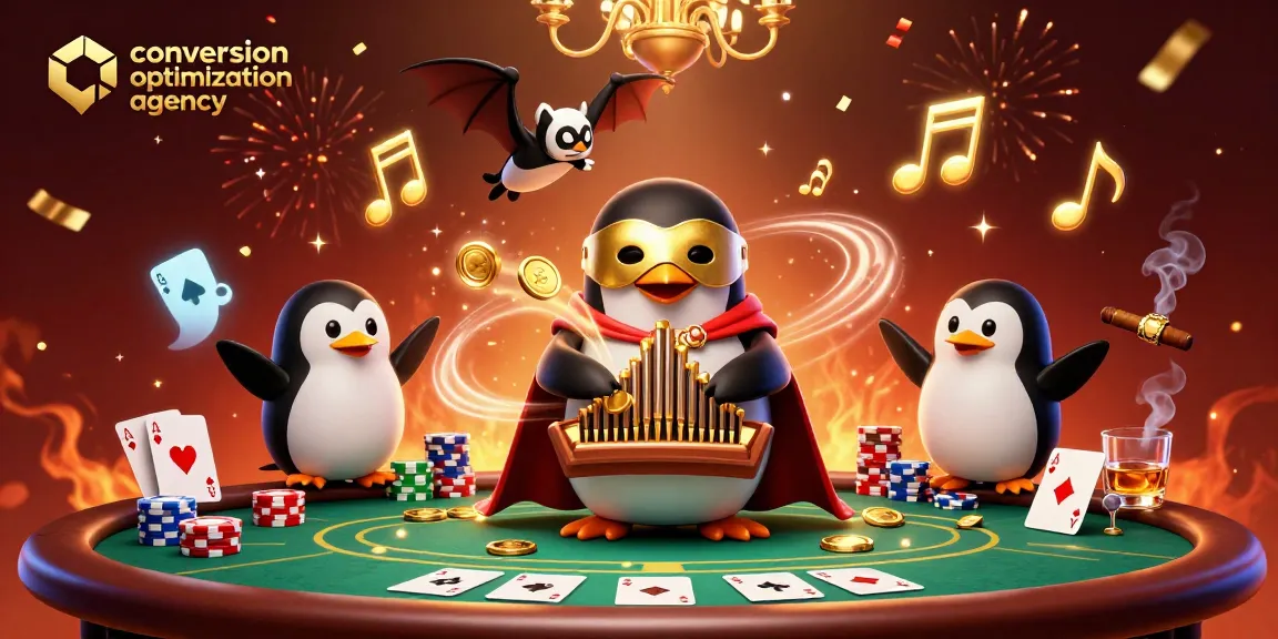 A vibrant scene from a conversion optimization agency showcasing a penguin playing an organ with golden coins, surrounded by poker chips and festive elements.