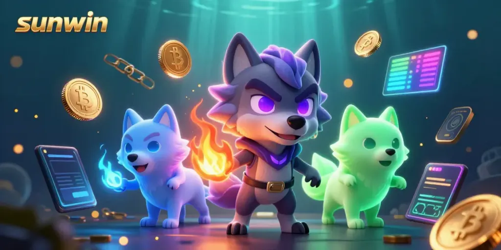 Experience thrilling action with sunwin in a vibrant 3D illustration showcasing gaming elements and mystical wolves.