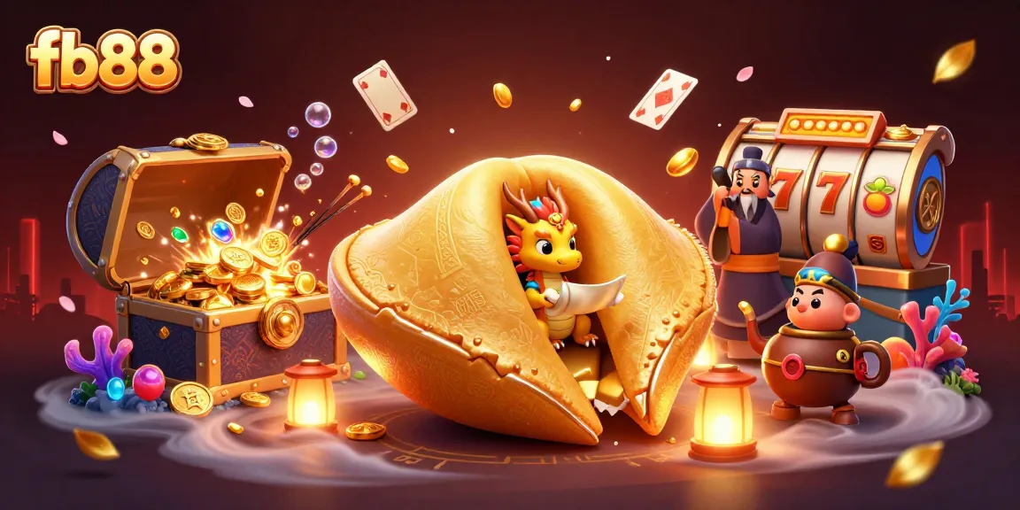 Experience thrilling wins at fb88 with a vibrant casino scene featuring a golden fortune cookie and dynamic slot elements.
