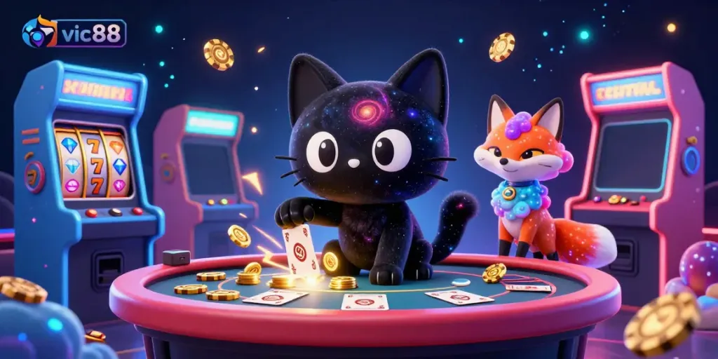 Experience the thrill of vic88 with dynamic 3D illustration featuring a unique cosmic casino scene.