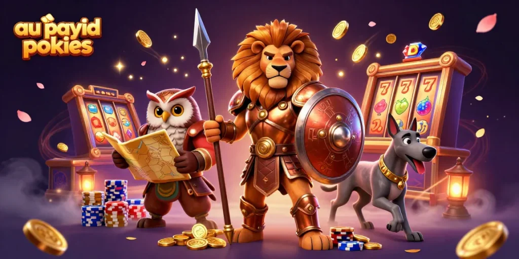 Engage in thrilling action with au payid pokies, featuring a Spartan lion and dynamic casino elements.