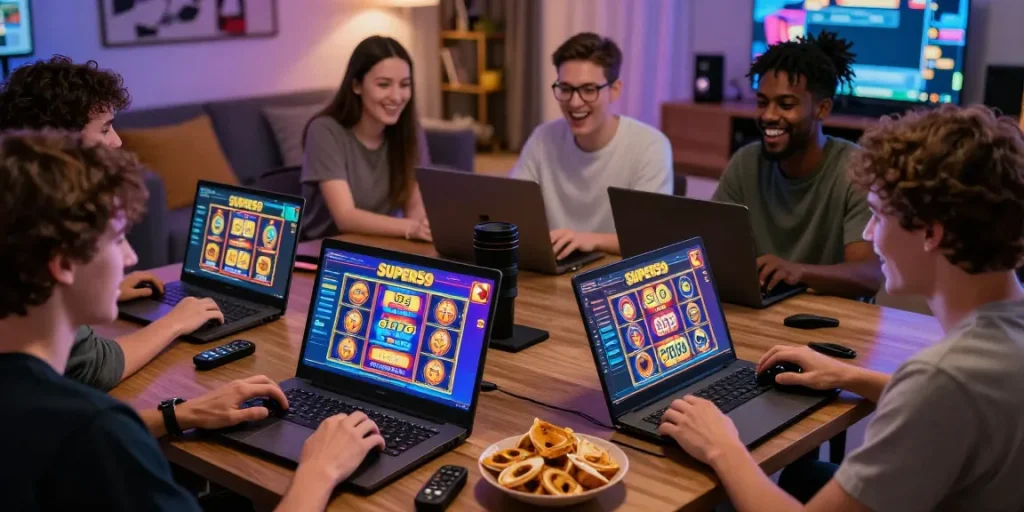 Pengguna SUPER59 link alternatif bermain slot online dengan antusias bersama teman-teman.