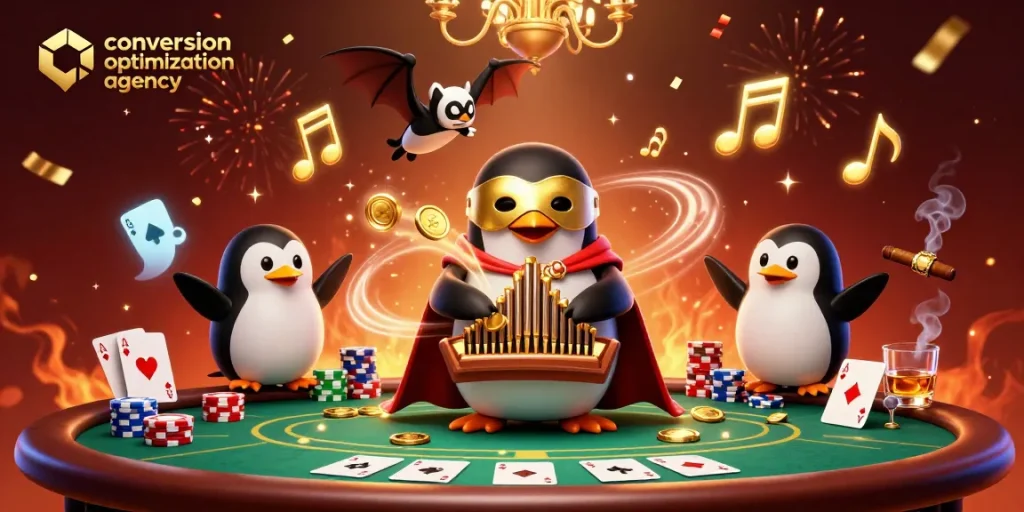 A vibrant scene from a conversion optimization agency showcasing a penguin playing an organ with golden coins, surrounded by poker chips and festive elements.