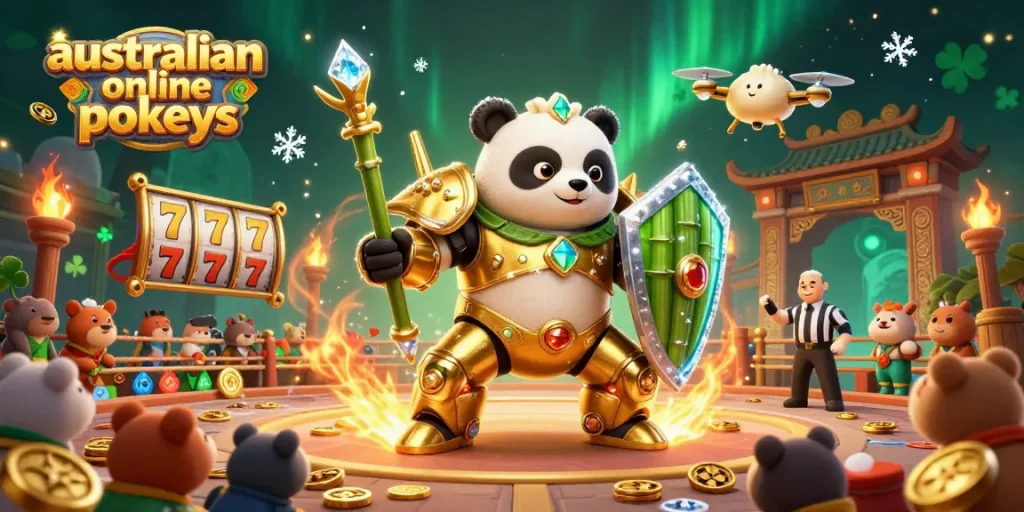 Play exciting australian online pokies amidst a lively arena scene with dynamic elements and colorful visuals.